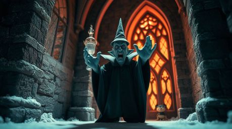Witness a surreal, otherworldly scene: an extreme macro, infrared close-up of a classic Disney villain casting a spell within
