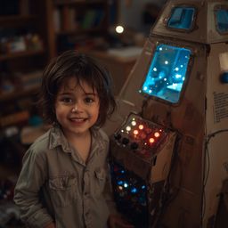 Exquisite high-fashion photography captures a boy with a radiant smile and excited eyes, standing proudly beside a giant card