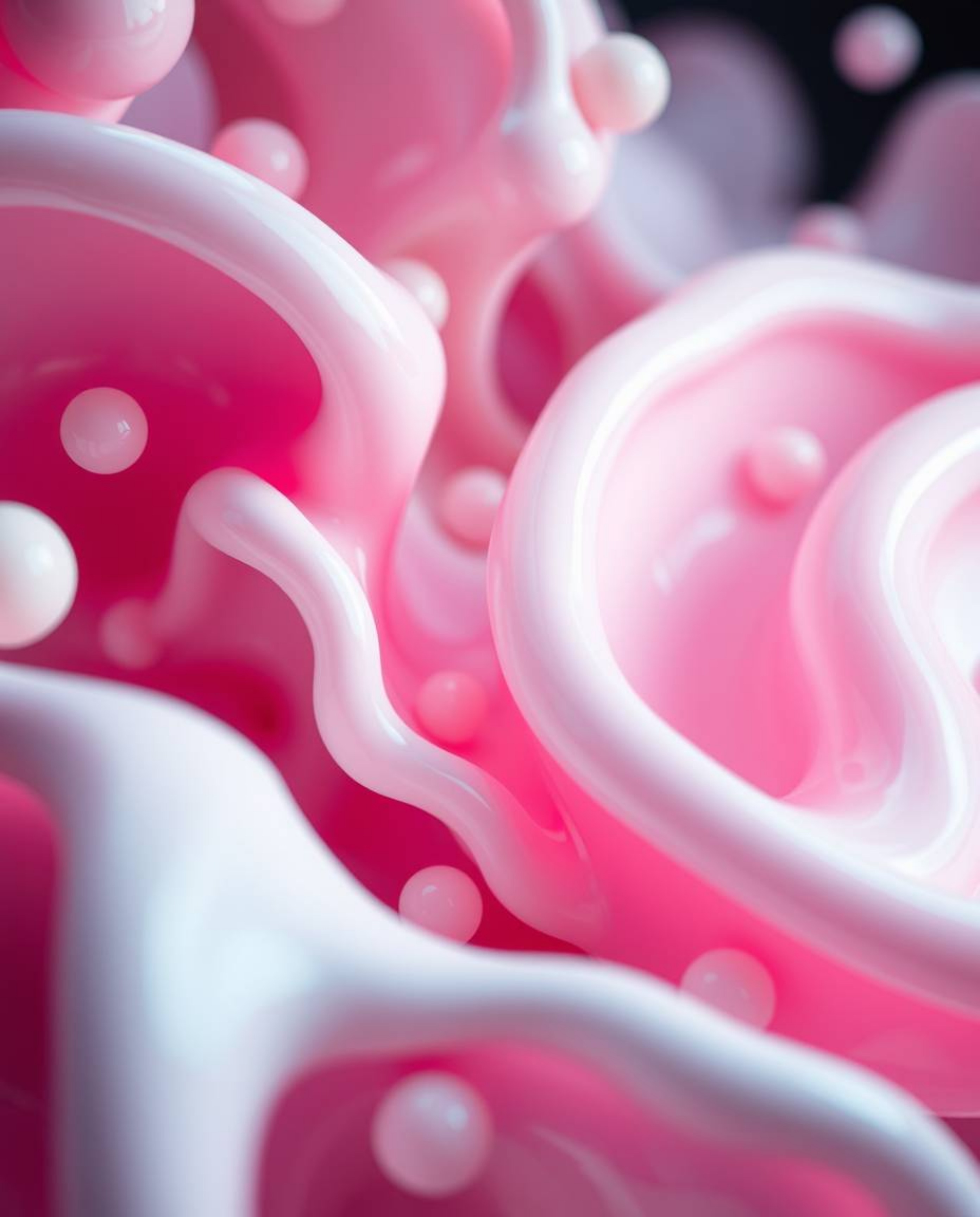 Explore a dreamlike realm of abstract 3D liquid forms captured in a tight close-up. This surreal imagery features delicate pa