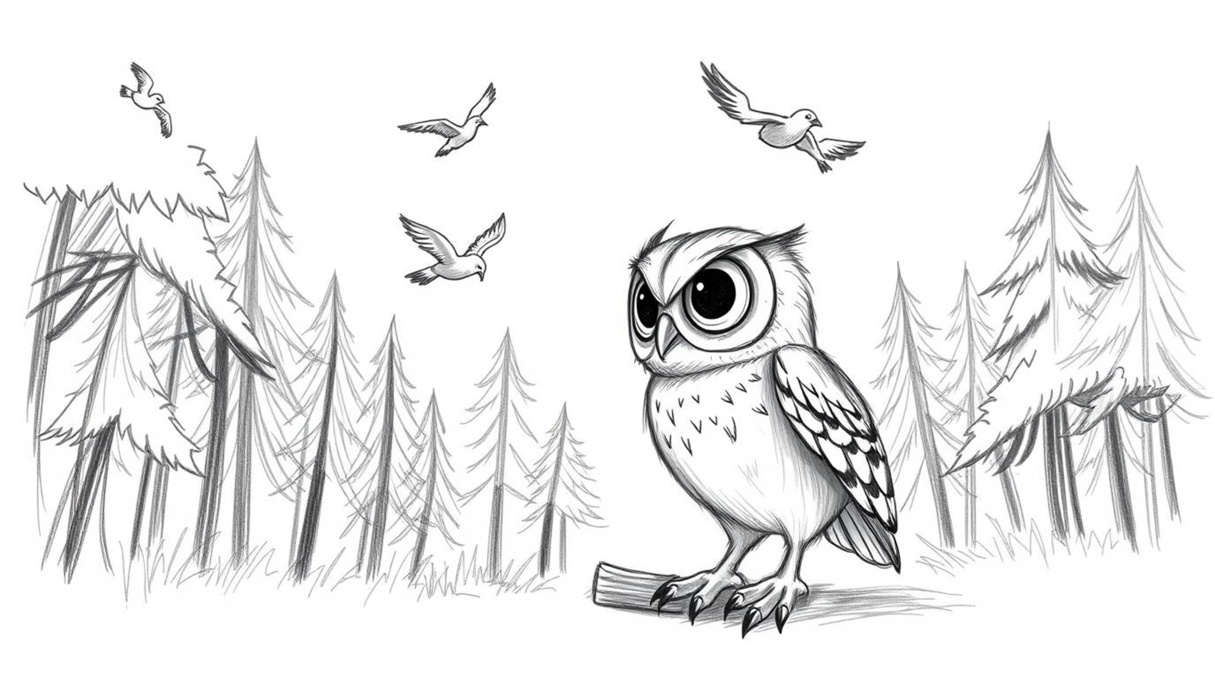 A heartwarming hand-drawn sketch in a Pixar-esque style depicts a blind owl with expressive eyes patiently teaching birds to 