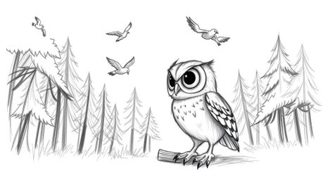 A heartwarming hand-drawn sketch in a Pixar-esque style depicts a blind owl with expressive eyes patiently teaching birds to 