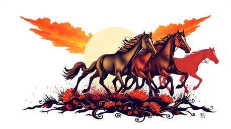 A captivating traditional tattoo art print featuring a silhouetted herd of wild horses galloping under a radiant, glowing sky