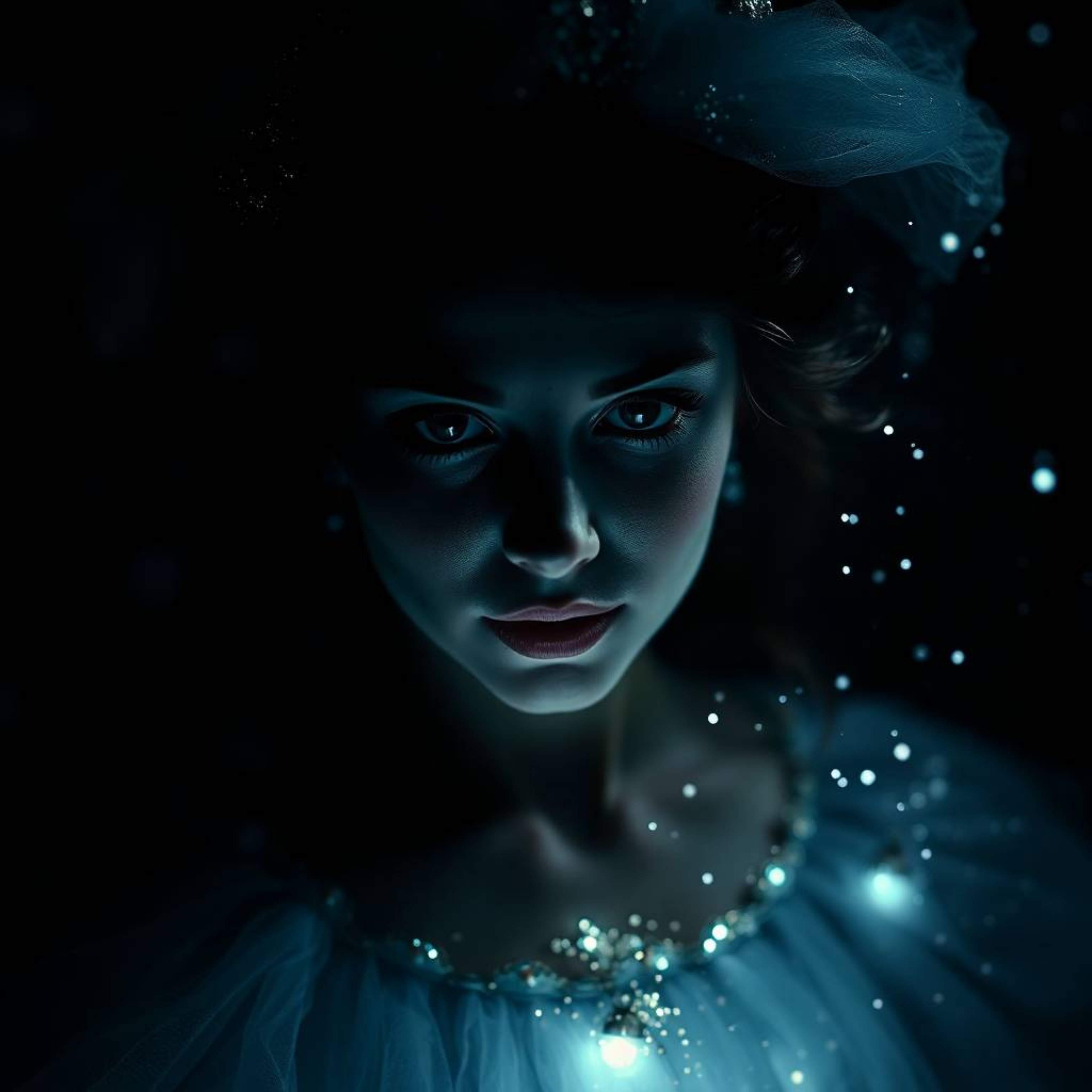 A captivating close-up reveals a fairy godmother emerging from a swirling vortex of sparkles. The high-contrast, low-key lig