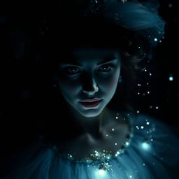 A captivating close-up reveals a fairy godmother emerging from a swirling vortex of sparkles.  The high-contrast, low-key lig