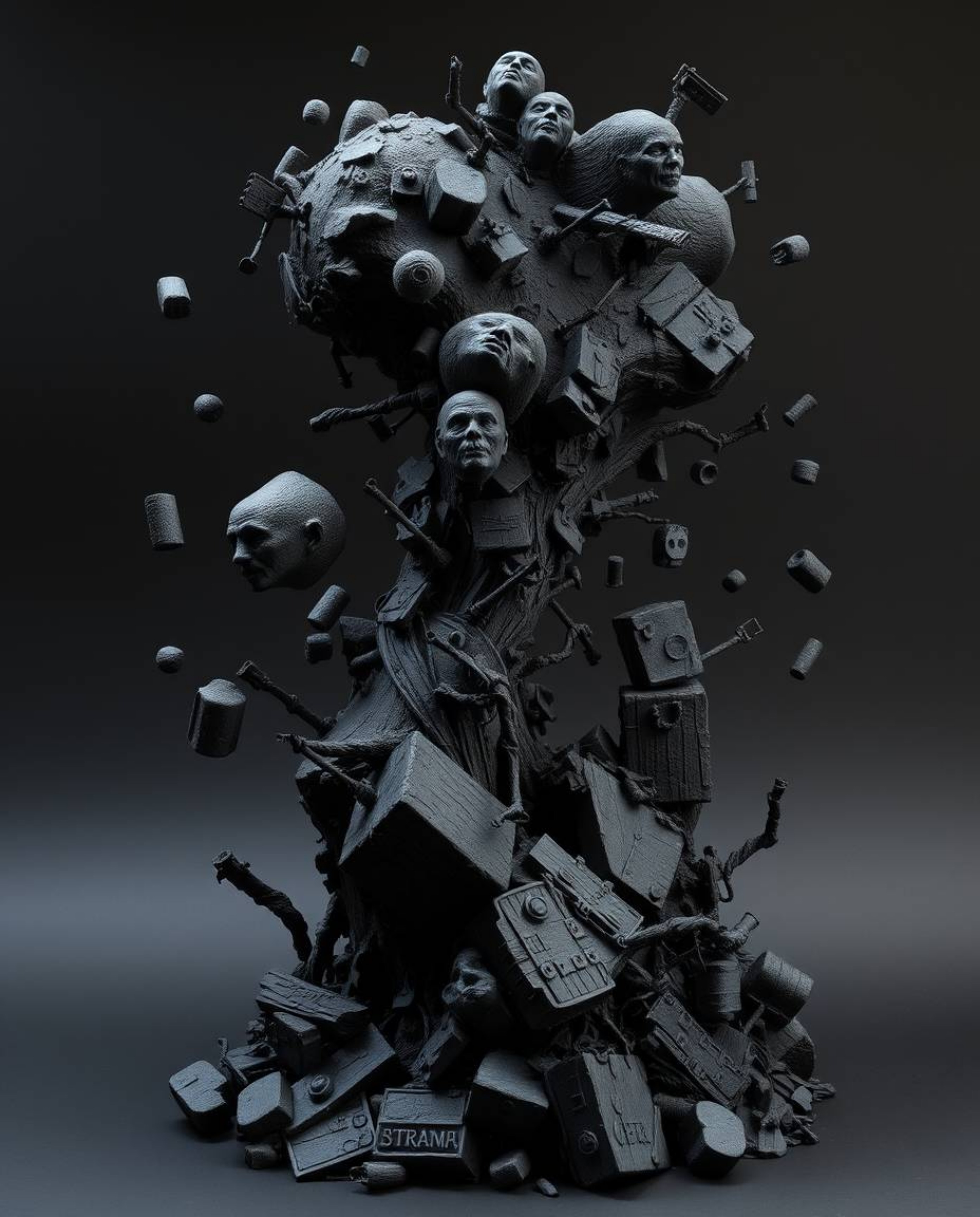 This sculptural clay art piece depicts a surreal storm, characterized by flying objects and broken gravity, all rendered in a