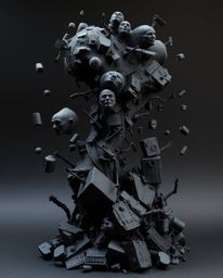 This sculptural clay art piece depicts a surreal storm, characterized by flying objects and broken gravity, all rendered in a