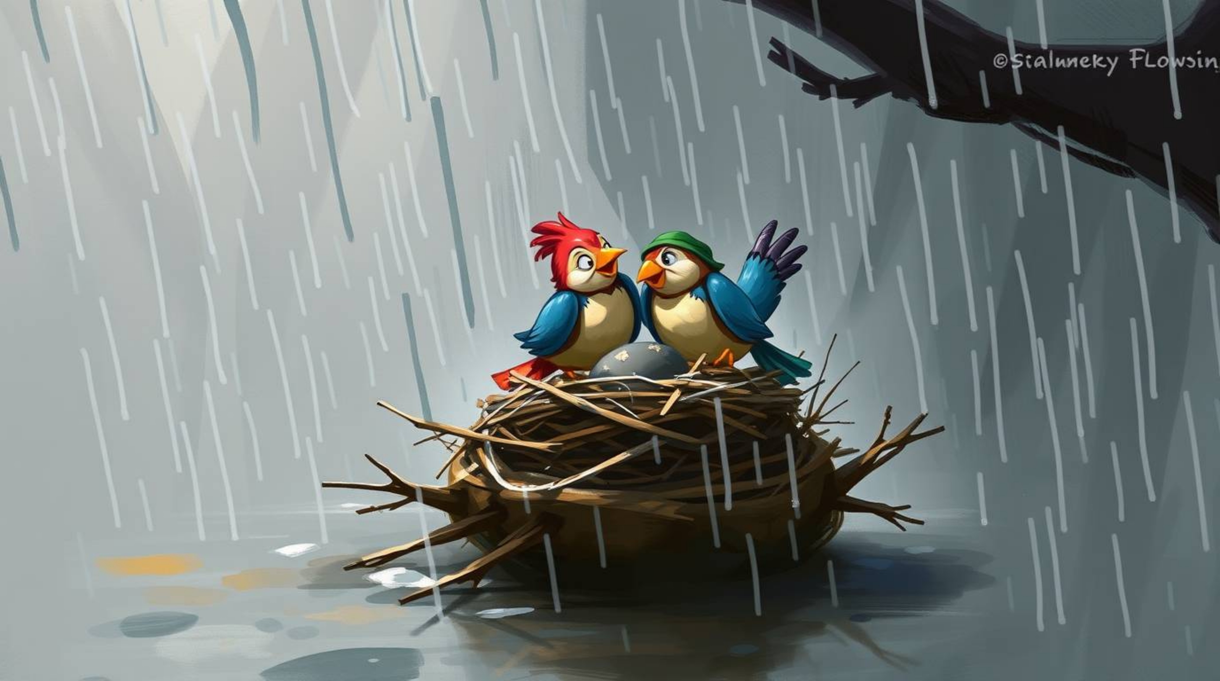 Experience a dynamic digital sketch featuring loose, painterly strokes that capture a wet, rainy scene. Watch two cartoon bir