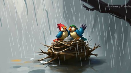 Experience a dynamic digital sketch featuring loose, painterly strokes that capture a wet, rainy scene. Watch two cartoon bir