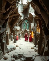 Immerse yourself in a whimsical world with this papier-mâché sculpture of a magical school teeming with young wizards.  The a