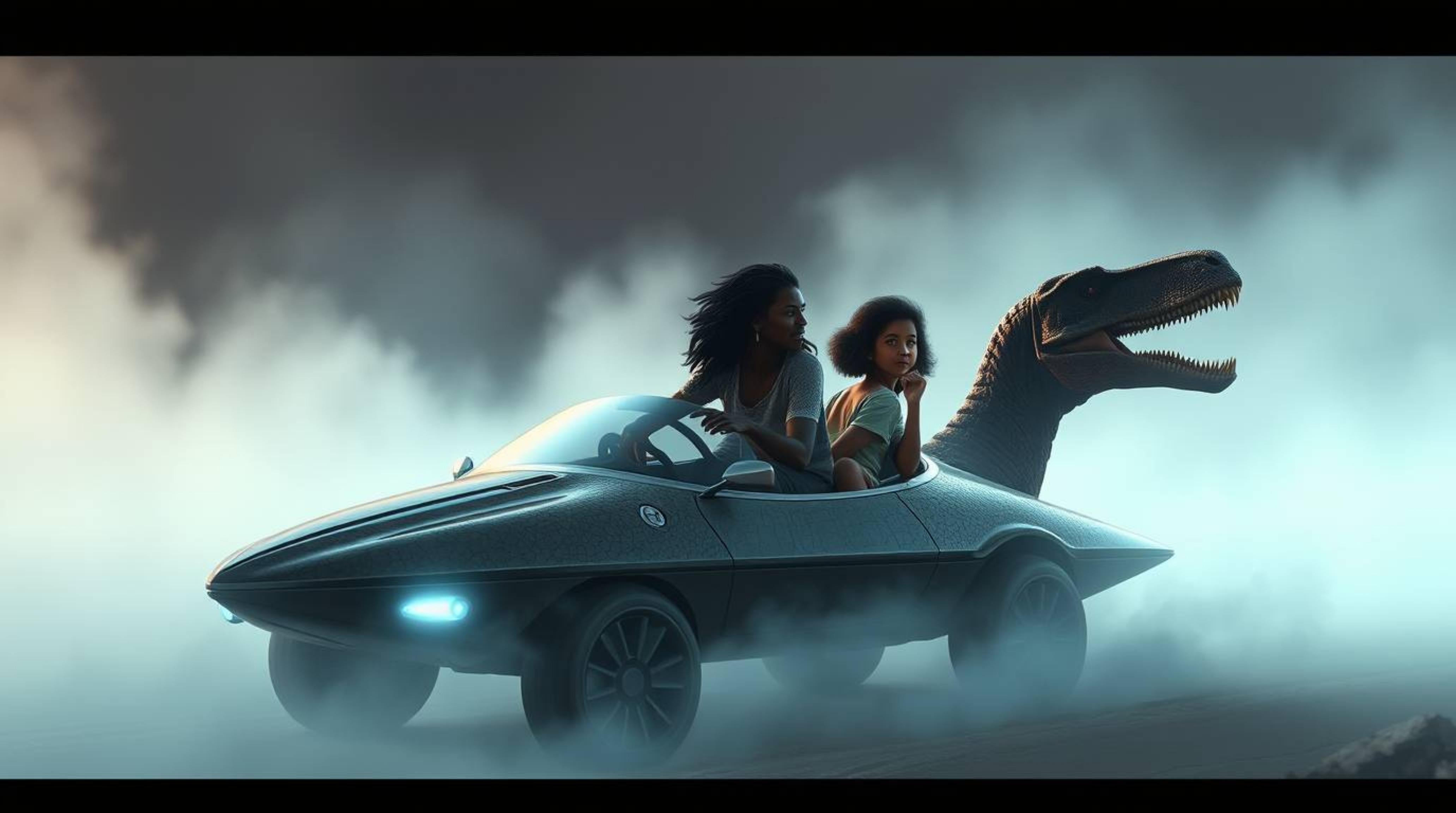 A prehistoric family with dark hair and brown skin travels in a sleek, chrome dinosaur car through a hazy, futuristic landsca
