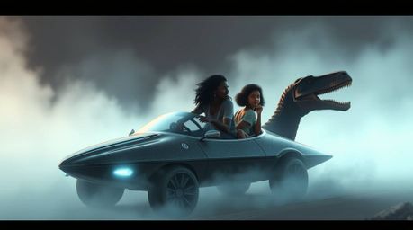 A prehistoric family with dark hair and brown skin travels in a sleek, chrome dinosaur car through a hazy, futuristic landsca