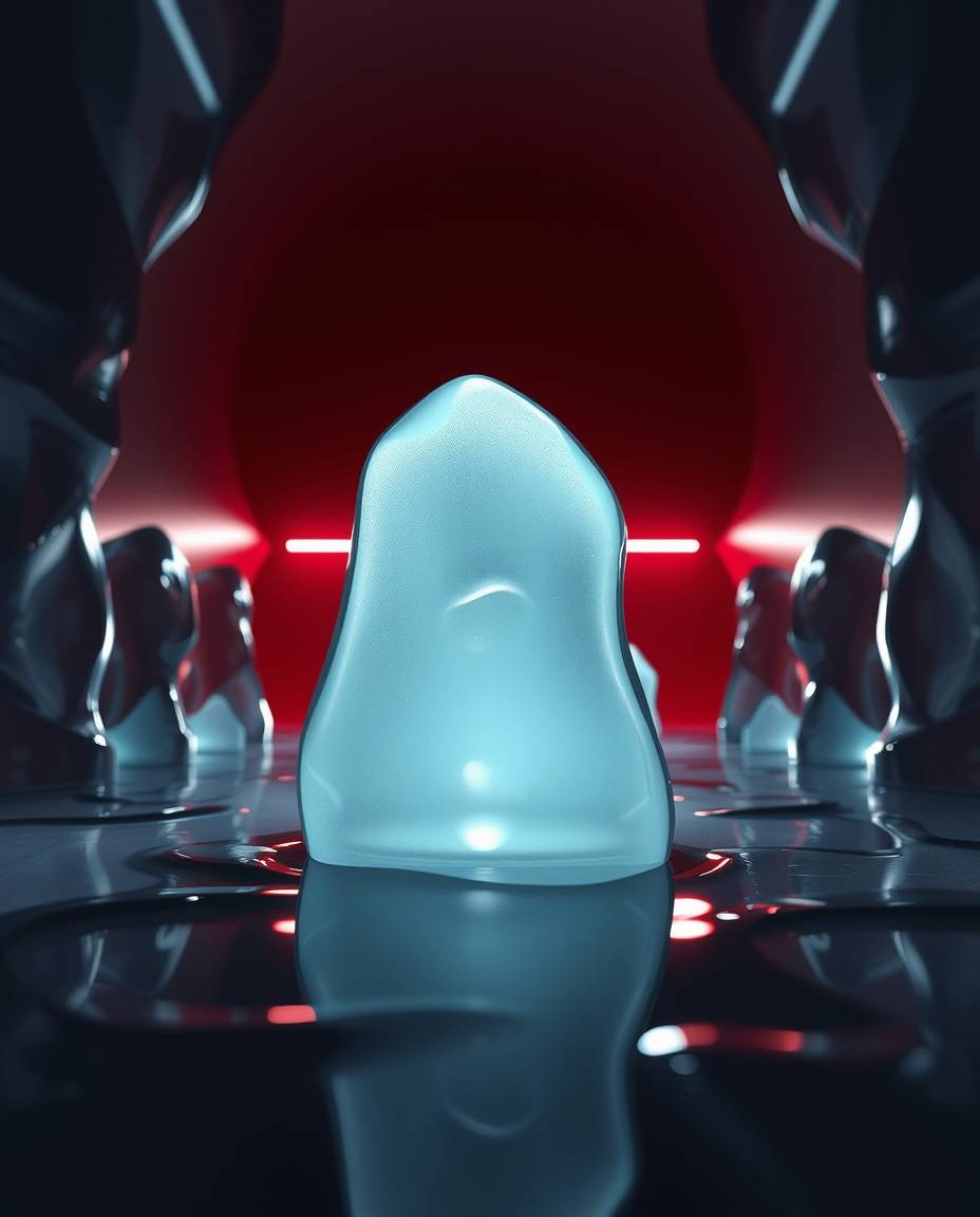 A stunning low-angle perspective showcases silhouetted, melted glass shapes within a surreal 3D, hyperrealistic sci-fi enviro
