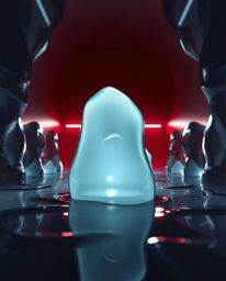A stunning low-angle perspective showcases silhouetted, melted glass shapes within a surreal 3D, hyperrealistic sci-fi enviro