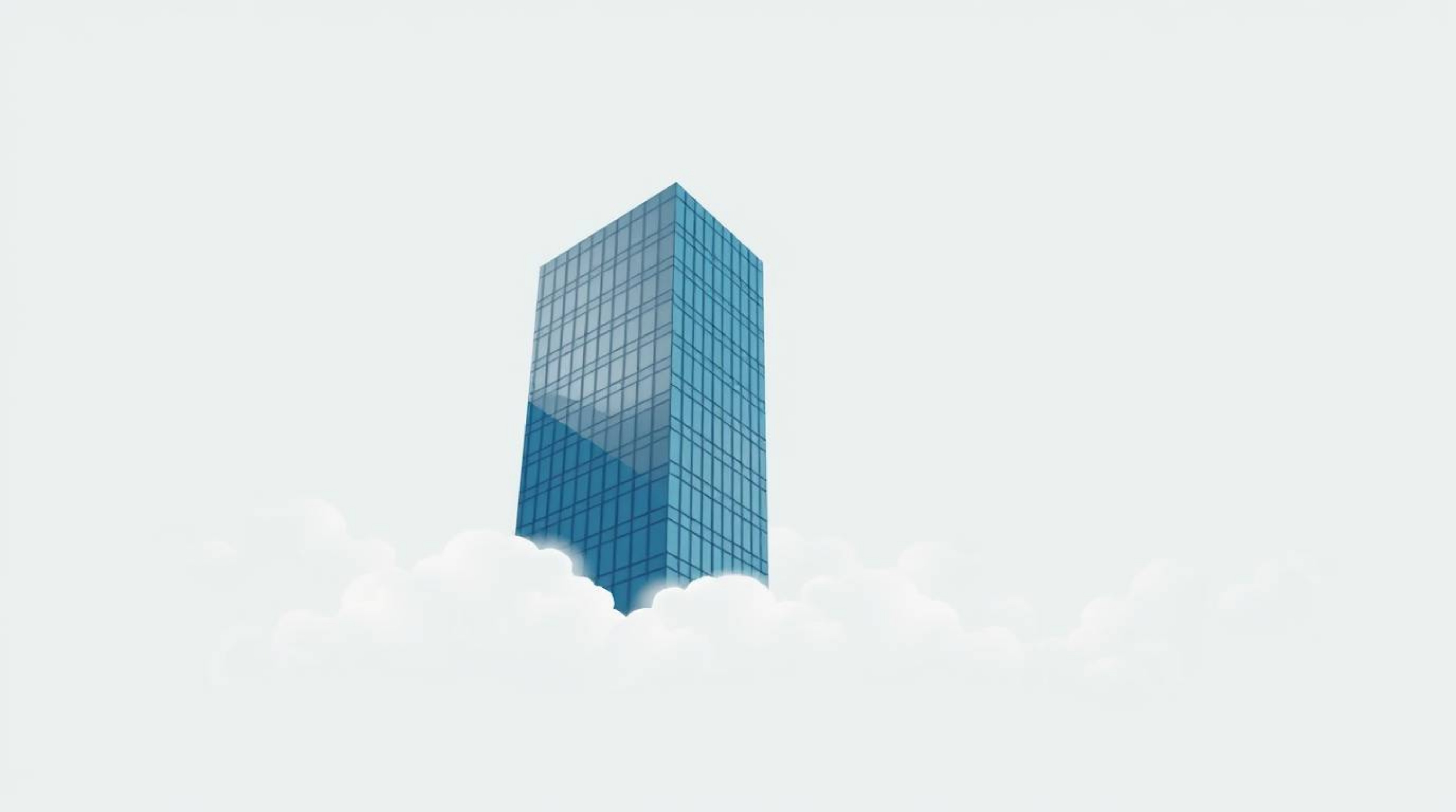 A modern flat design illustration showcasing a glass building seemingly dissolving into a sky filled with soft, ethereal clou