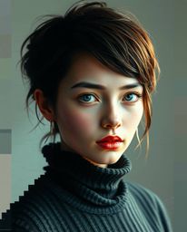 A captivating digital glitch art portrait, rendered in a pixelated style with sculpted, textured layers.  Gentle color contra