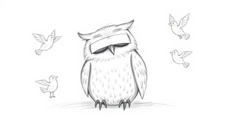 A heartwarming hand-drawn sketch reminiscent of Pixar's style portrays a blind owl with soft, feathery textures. The owl rest