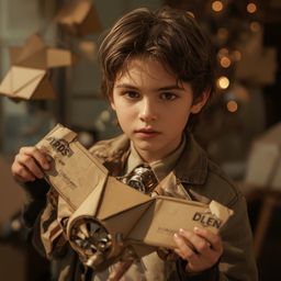 Exquisite high-fashion photography captures a boy with bright, curious eyes building an intricate cardboard spaceship.  The P