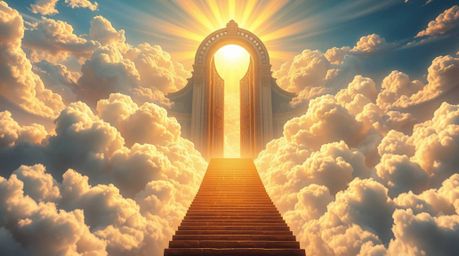 A breathtaking fantasy realism painting depicts a majestic heavenly gate soaring above ethereal clouds.  Golden light streams
