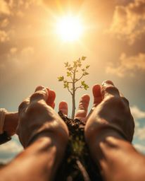 A captivating extreme macro photograph showcases hands delicately planting a tree against a breathtaking golden sunset.  Intr
