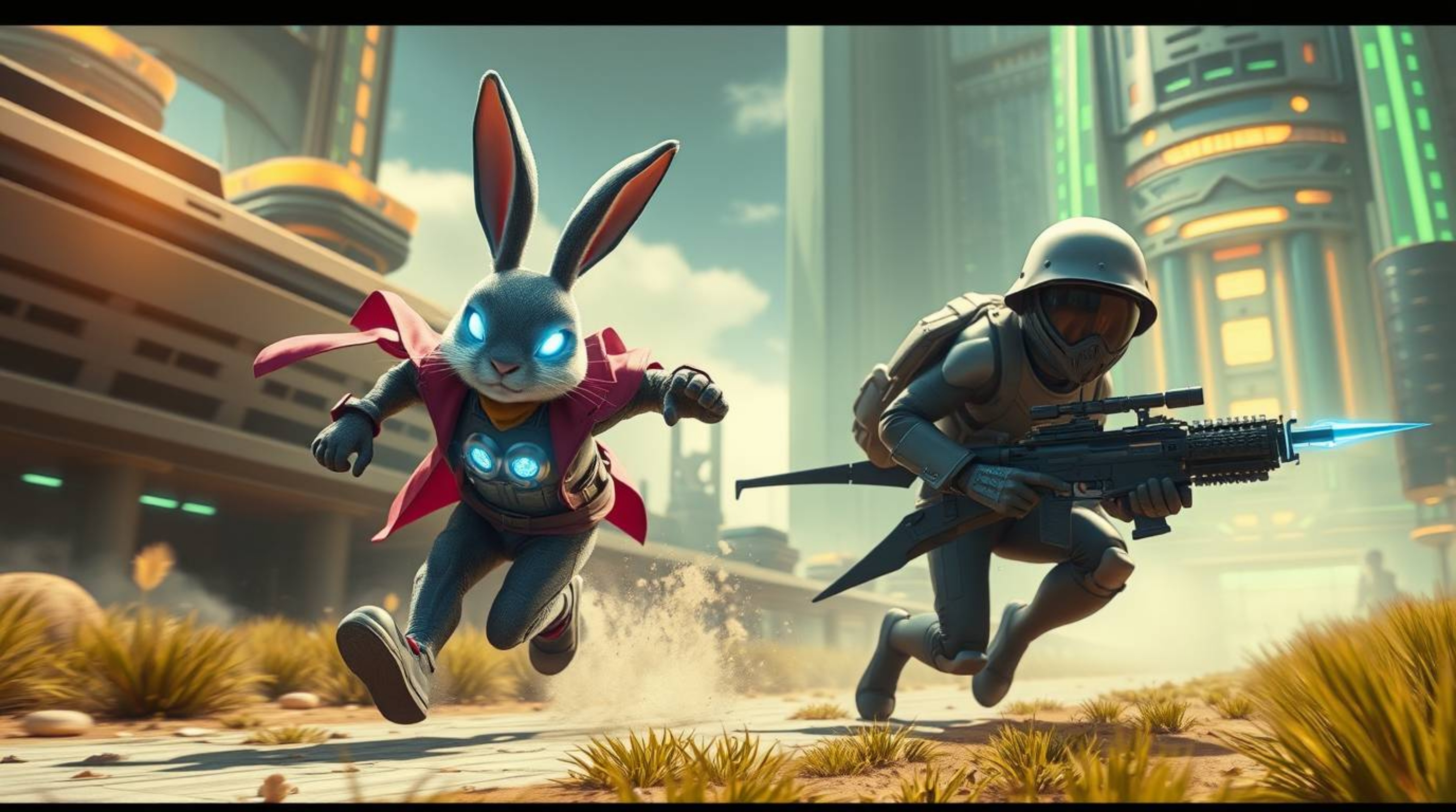 A grand epic scene unfolds as a heroic, wacky rabbit, clad in sleek, futuristic attire with glowing eyes, outruns a technolog