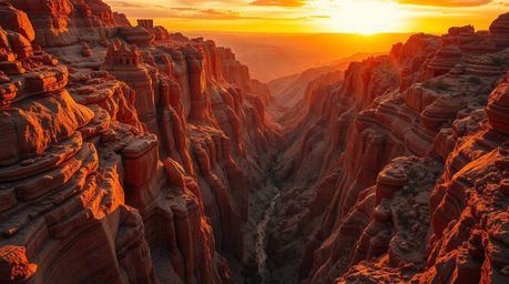 A breathtaking cinematic depiction of a rocky canyon bathed in the warm hues of a setting sun.  The image boasts vibrant colo