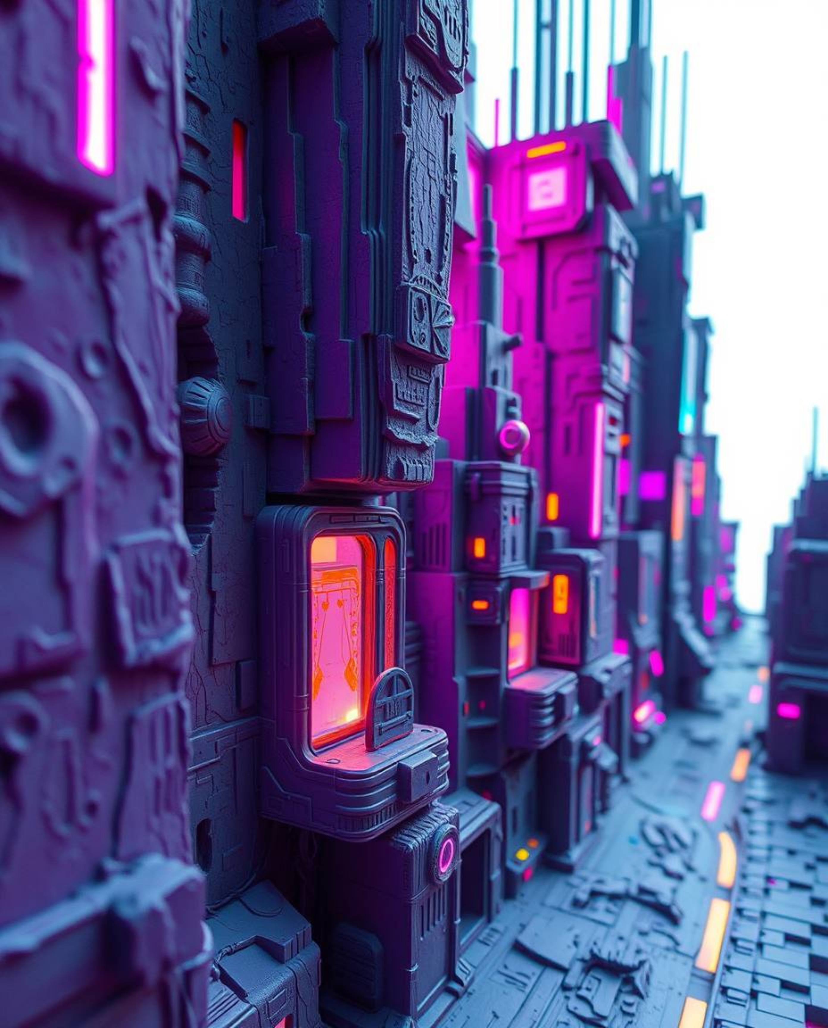 A stunning futuristic city scene rendered in textured papier-mâché, showcasing a glitch effect with flickering lights, broken