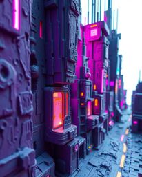 A stunning futuristic city scene rendered in textured papier-mâché, showcasing a glitch effect with flickering lights, broken