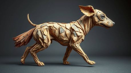 Explore the cosmos with a futuristic dog, its form sculpted with layered papier-mâché textures. This unique artwork captures 