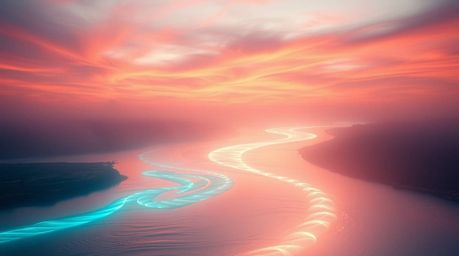 Experience the gentle and soothing atmosphere of a winding river glowing under a dramatic orange-pink sky, brought to life wi