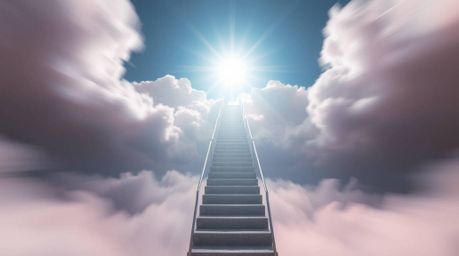 A captivating image featuring soft pastel colors and long exposure photography, depicting a surreal stairway suspended in mid