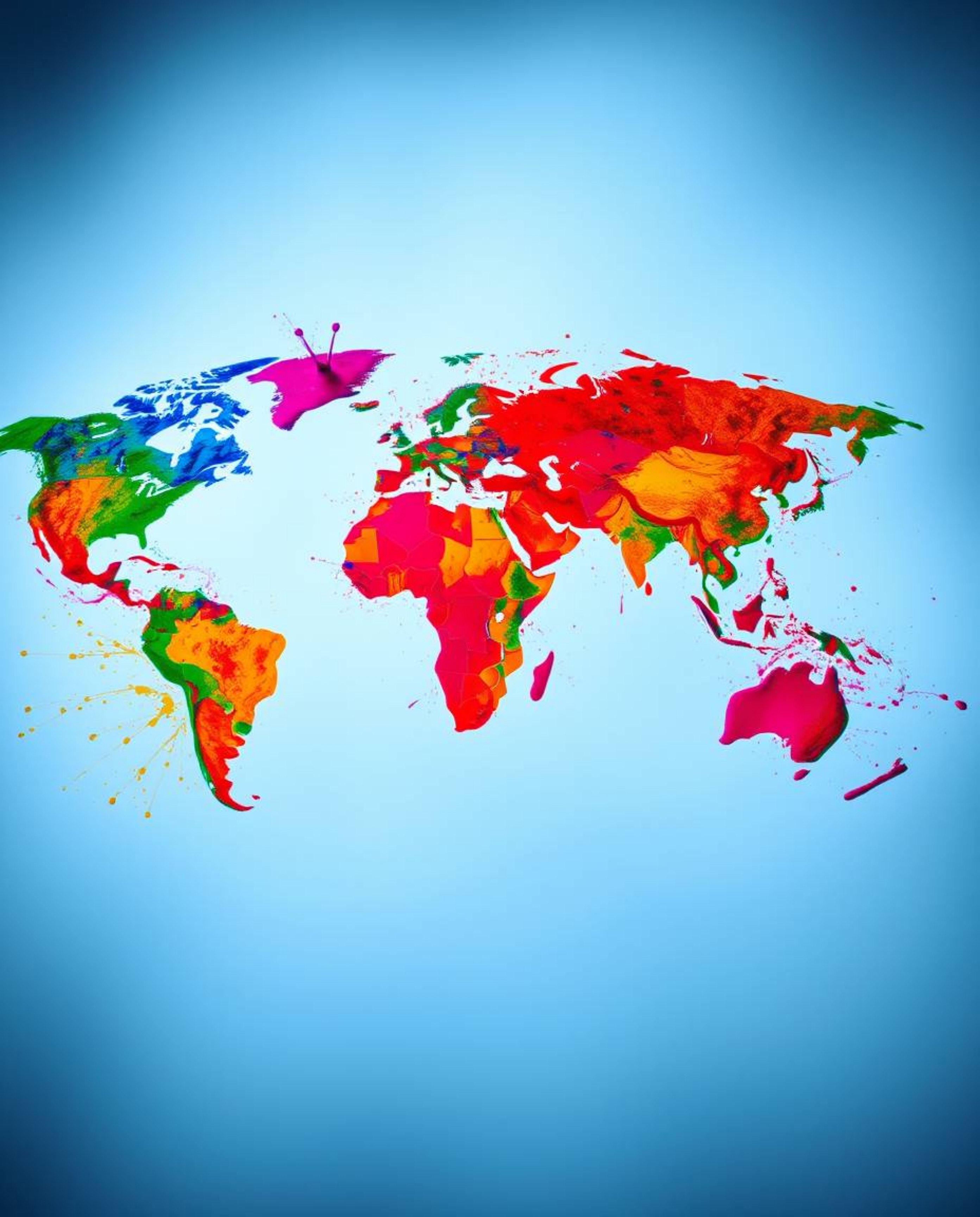 A vibrant and dynamic world map is depicted through a series of bright, colorful splashes, offering a creative and abstract i