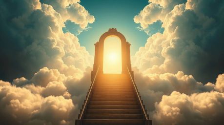 A breathtaking high-angle shot depicts a heavenly gate floating above a sea of clouds, illuminated by strong, golden light.  