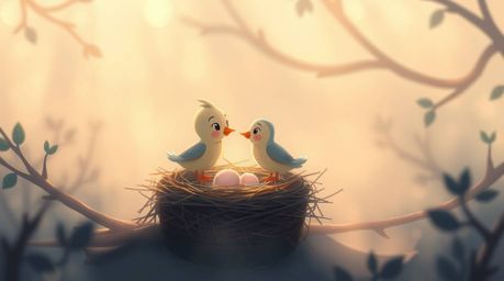 This is a soft, dreamy painting depicting two cartoon birds building a nest in a classic animation style. The scene is render