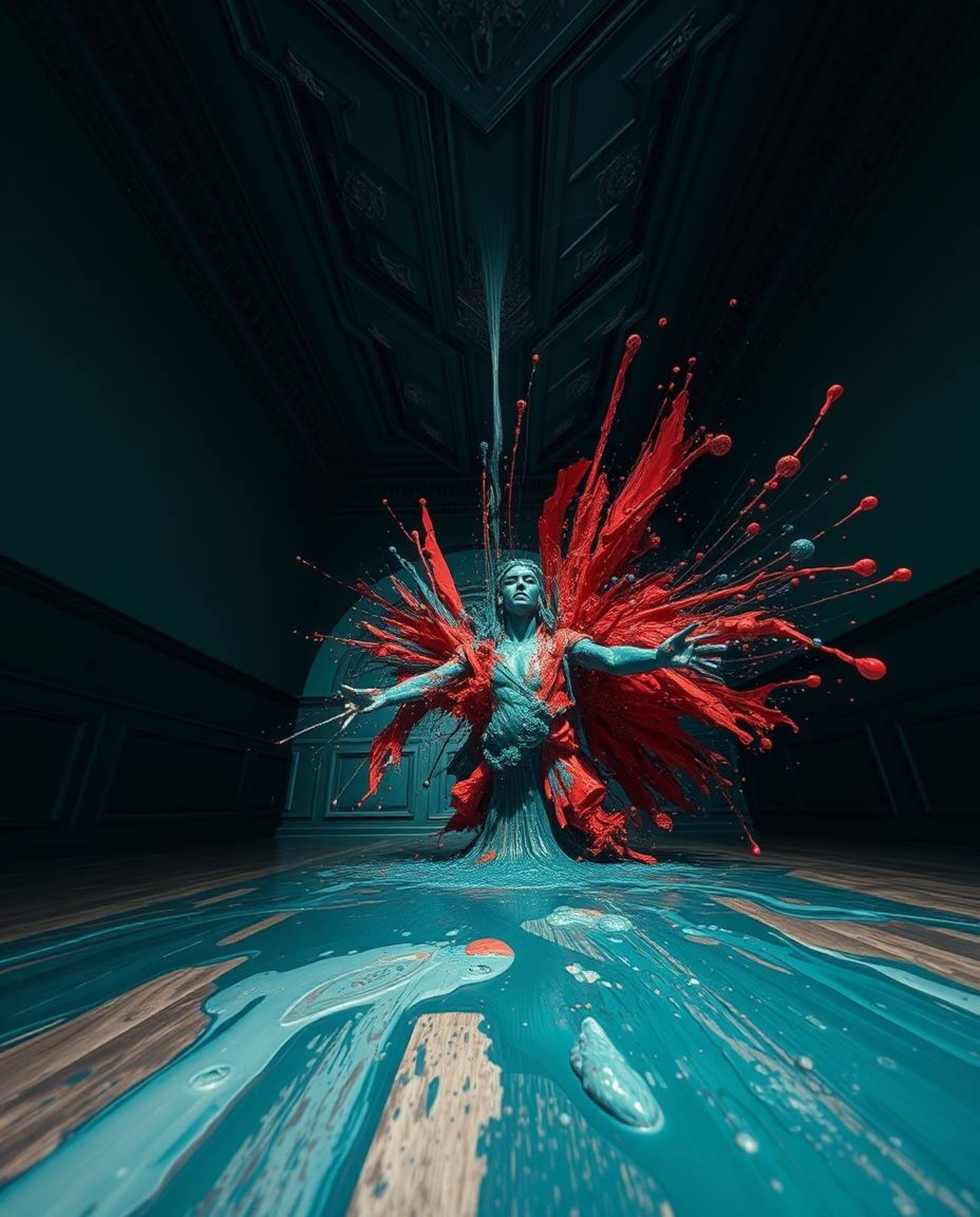 Experience a visually stunning room bursting with paint, captured from a low angle to emphasize its vastness. The scene is ri
