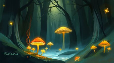 Discover a captivating digital sketch of a vintage-style enchanted forest. Glowing mushrooms illuminate the scene, creating a
