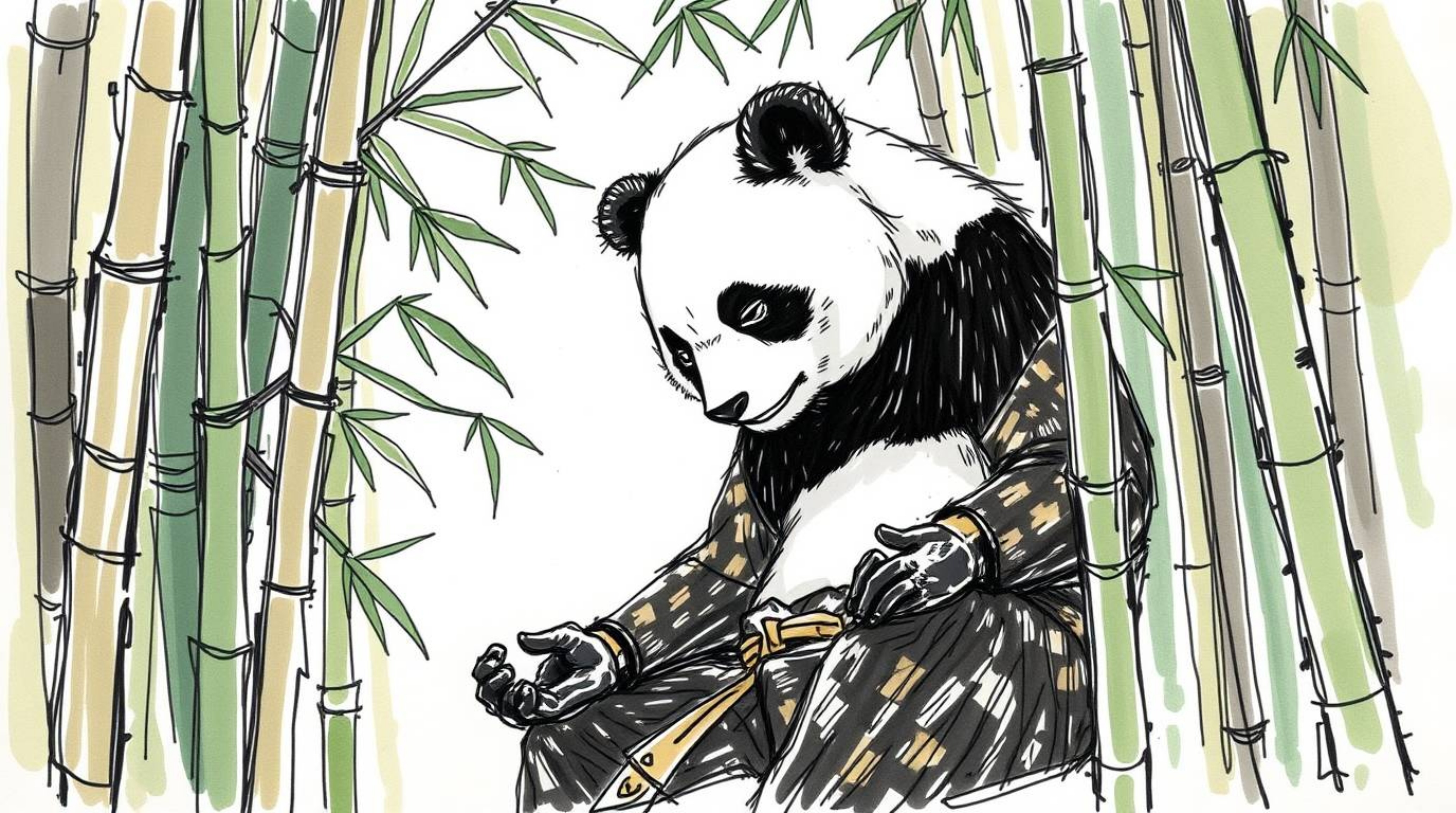 A high-angle, hand-drawn sketch in color sketchnote style depicts a meditating martial artist panda looking down within a bam