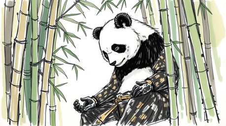 A high-angle, hand-drawn sketch in color sketchnote style depicts a meditating martial artist panda looking down within a bam