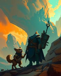 Explore a modern future grand scene brought to life through digital painting, featuring a hero assisted by a talking animal s