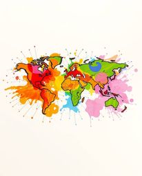A stunning, hand-drawn sketch portraying a world map composed of vibrant, colorful splashes. This cinematic and abstract artw