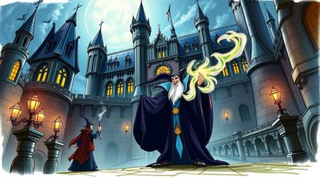 Witness a classic Disney villain, imbued with heroic proportions, casting a captivating spell within the ancient walls of a g