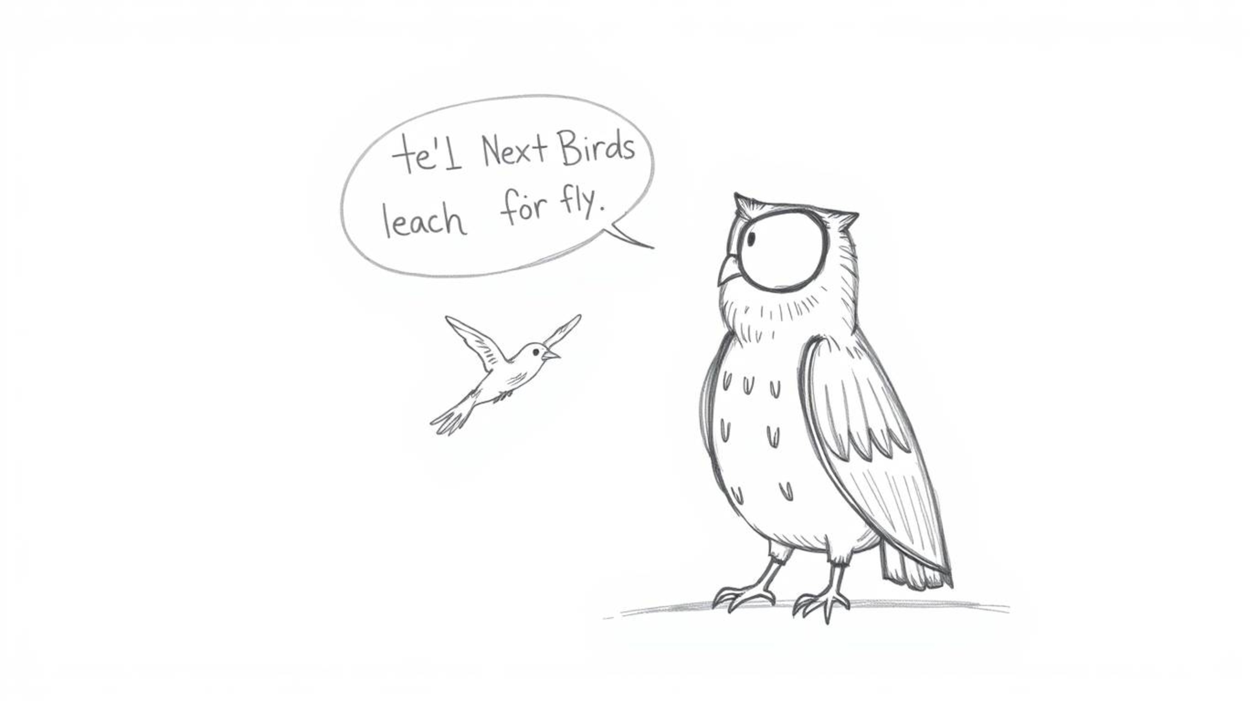 A heartwarming Pixar-esque sketch depicts a blind owl, rendered with textured pencil strokes, guiding birds to fly.  The owl 