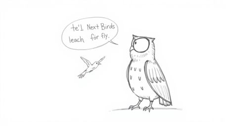 A heartwarming Pixar-esque sketch depicts a blind owl, rendered with textured pencil strokes, guiding birds to fly.  The owl 