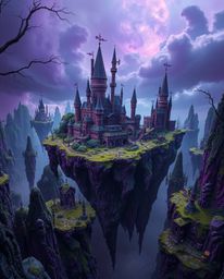 Explore a mesmerizing colorful kingdom featuring floating islands and majestic castles, all rendered with vivid purples and u