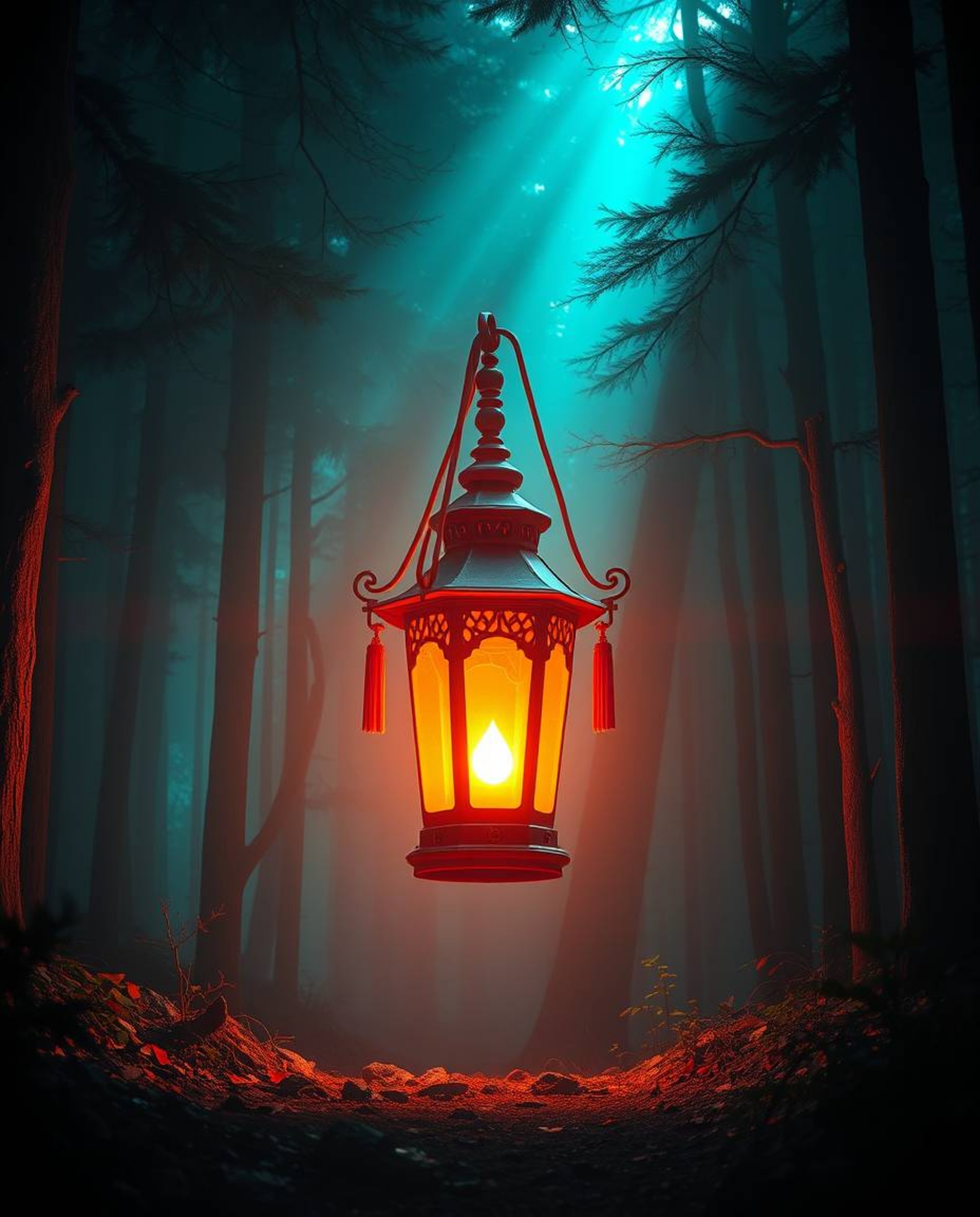A captivating image of a glowing lantern in a mysterious dark forest, dramatically illuminated by epic lens flare. The artwor
