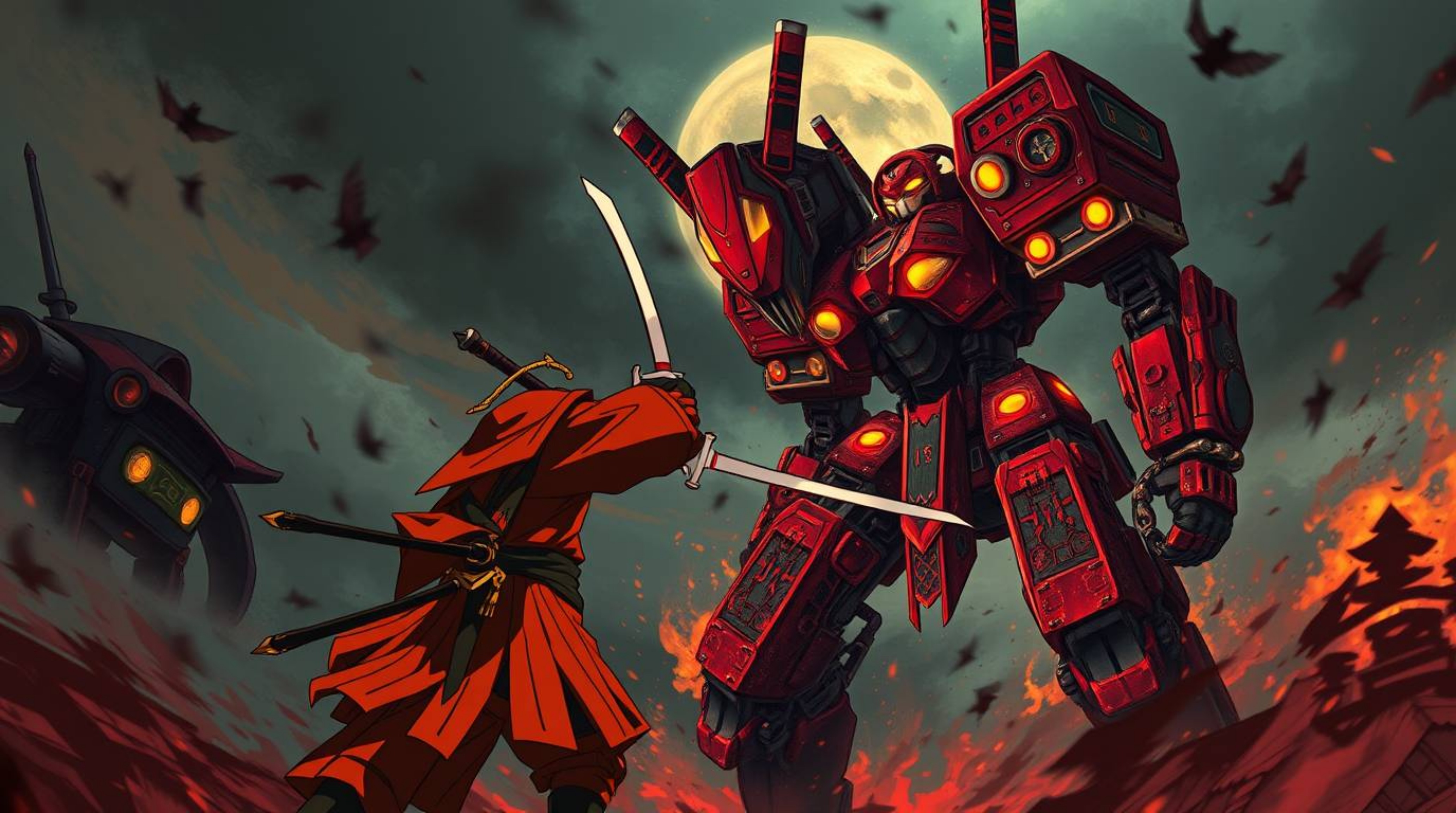 Explore a warm Isekai anime style composition showcasing a dynamic battle between a samurai and a robot in a dystopian world.