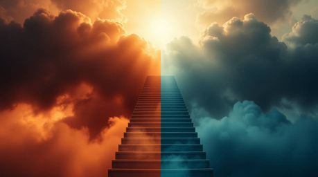A captivating cinematic scene depicts a surreal stairway ascending through hazy, smoky clouds towards a radiant celestial lig
