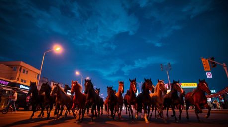 Experience the magic of candid street photography capturing a herd of wild horses thundering across an urban landscape under 