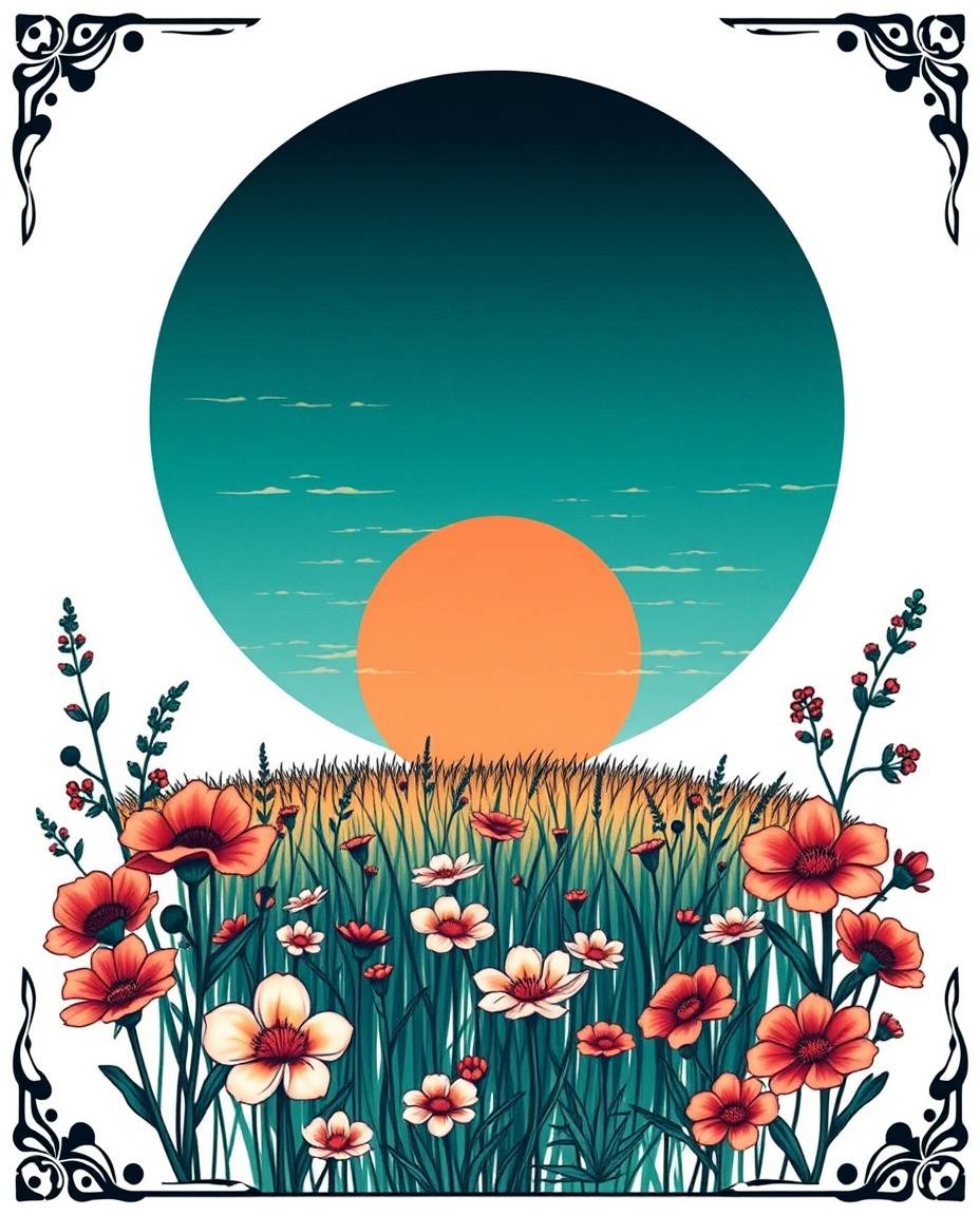 A symbolic traditional tattoo art print depicting a rich, deep teal sunset over a spring wildflower meadow. This piece featur