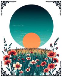 A symbolic traditional tattoo art print depicting a rich, deep teal sunset over a spring wildflower meadow. This piece featur