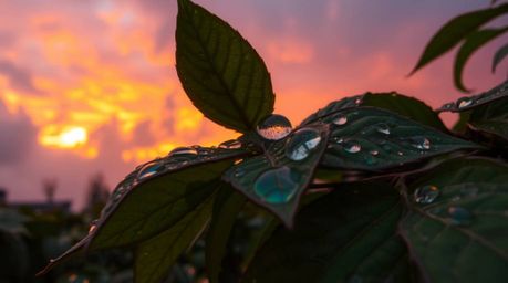 Capture the intense drama of a vibrant iridescent sunset reflected in raindrops clinging to leaves.  A stormy sky provides a 
